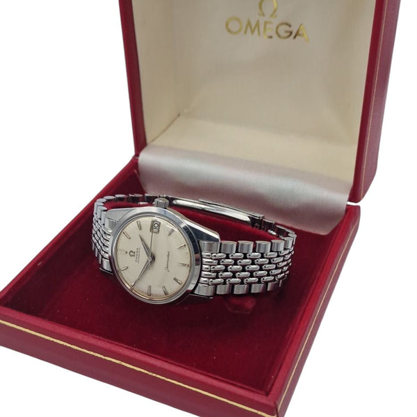 1959 Omega Seamaster Automatic Date Wristwatch Model 14710 with Original Off-White Dial in Stainless Steel + Box