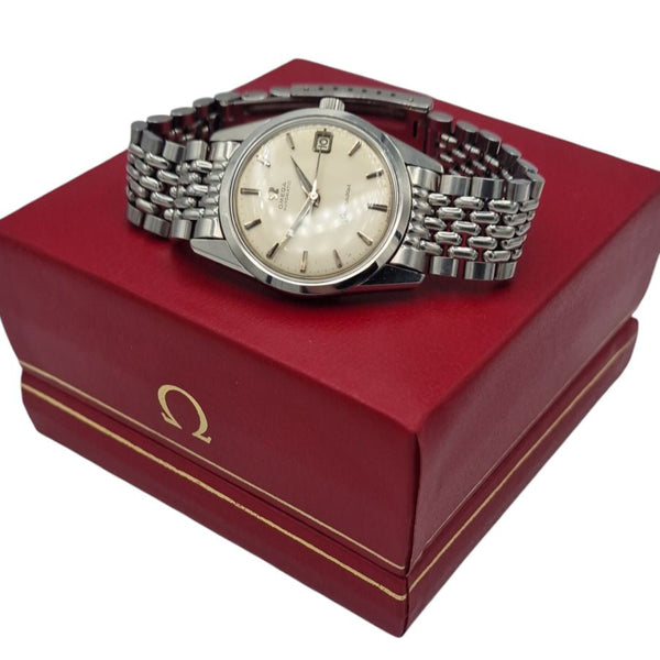 1959 Omega Seamaster Automatic Date Wristwatch Model 14710 with Original Off-White Dial in Stainless Steel + Box