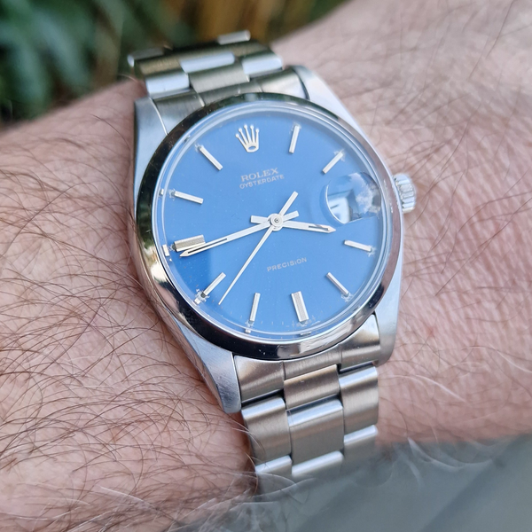1981 Rolex Oyster Date Precision Classic Model 6694 with Stunning Blue satin Dial and gold Markers in Stainless Steel