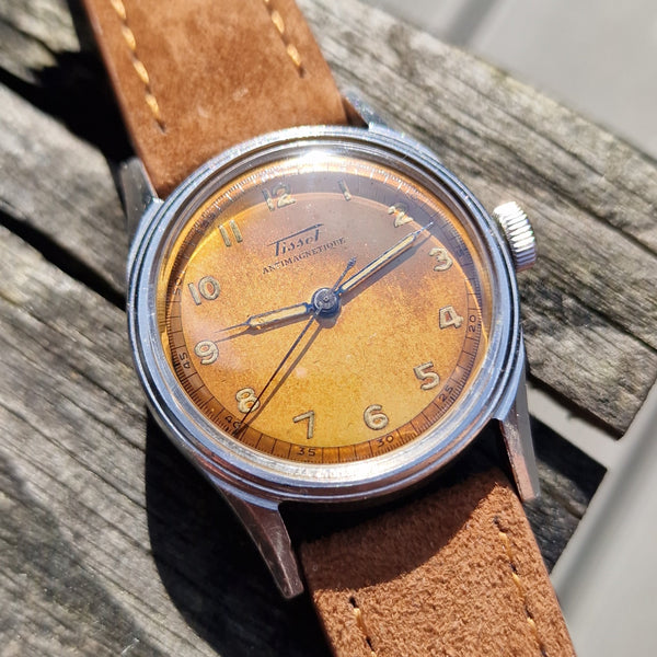 1943 Tissot Antimagnetique Manual Wind Wristwatch all Arabic with Original Patina dial WW2