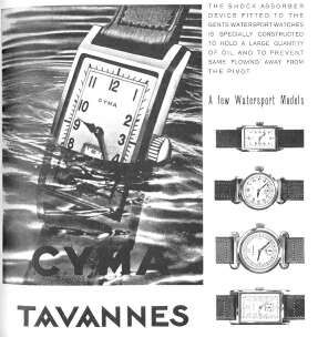 1940s Cyma - Tavannes Rectangular Early Waterproof Patent Wristwatch with fabulous claw lugs