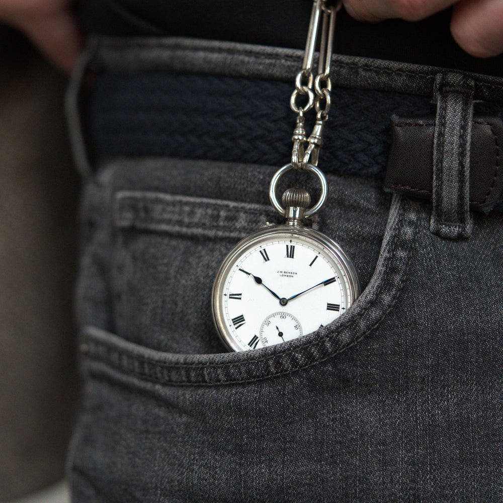 1908 Jw Benson retailed solid sterling silver open faced topwind pocketwatch by longines