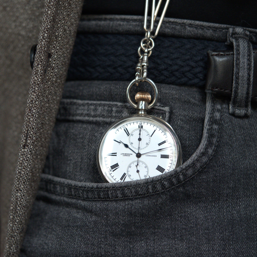1909 J.W. Benson by Longines Solid Sterling Silver Chronograph Pocketwatch - Calibre 19.73N