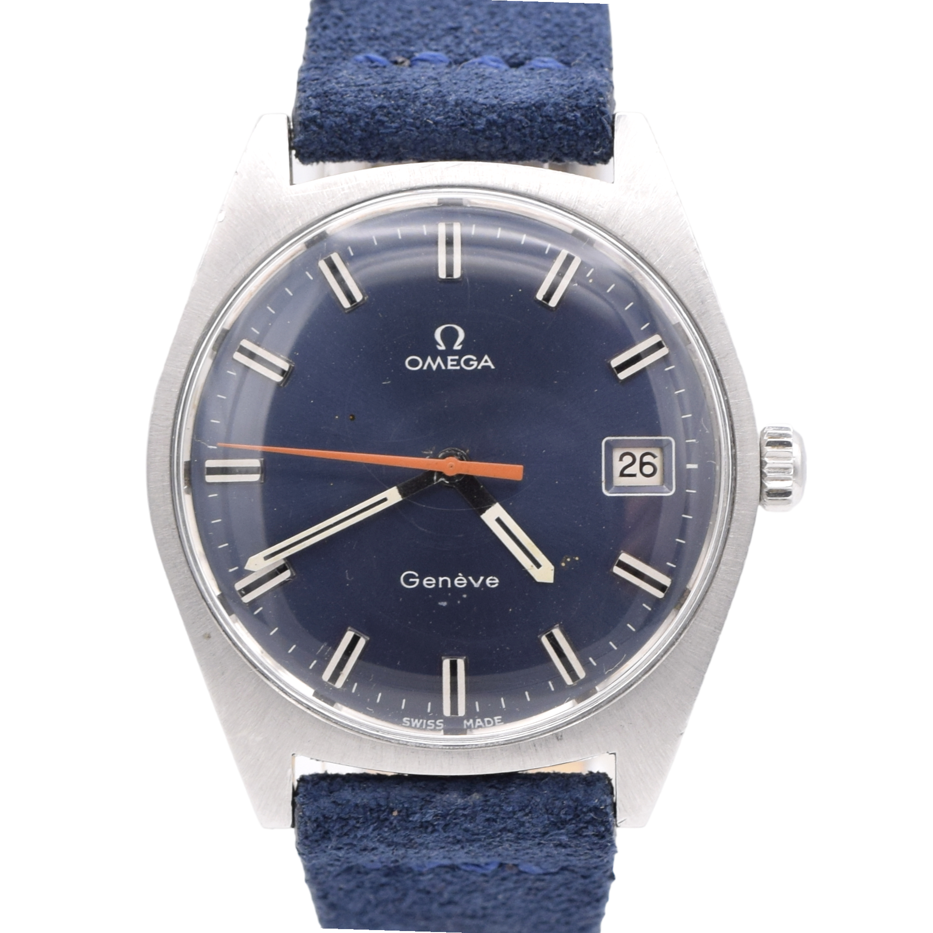 1969 Omega Geneve Date Model 136.041 Manual Wind with Metallic Blue Dial