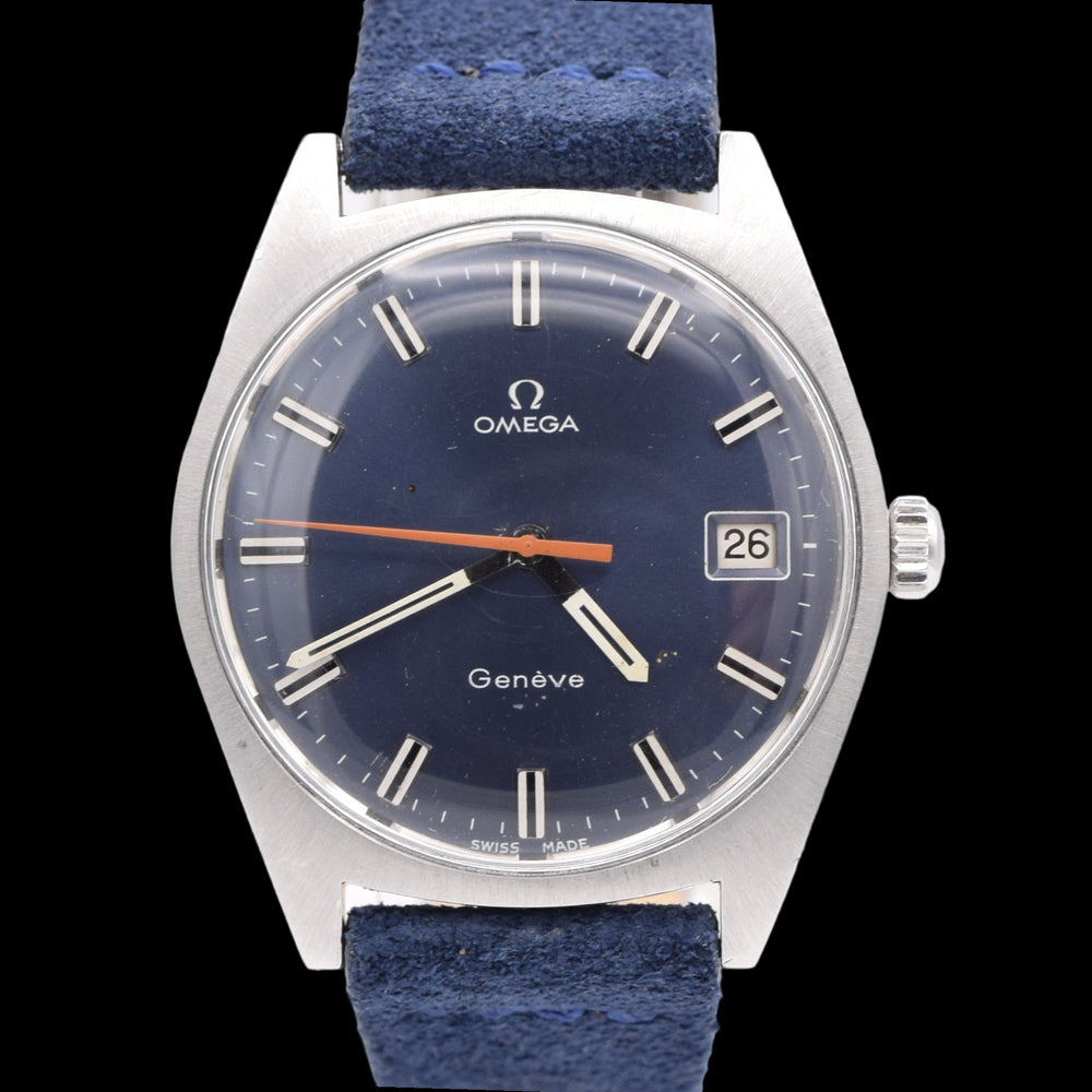 1969 Omega Geneve Date Model 136.041 Manual Wind with Metallic Blue Dial