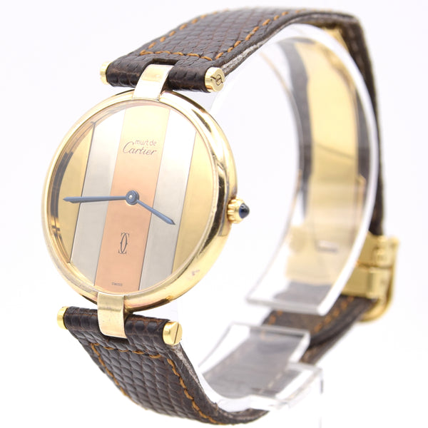 (Reserved)1990s Cartier 'Must de' Ronde Vendôme with tri-colour Dial in 925 Silver Gilt Vermeil Case with DP Buckle