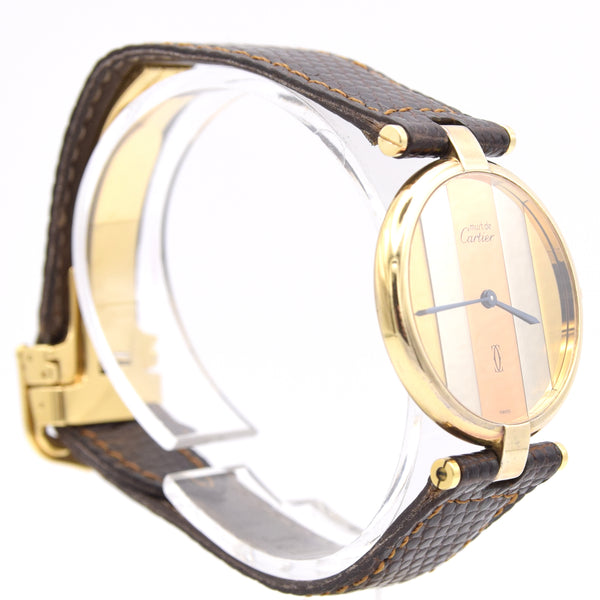 (Reserved)1990s Cartier 'Must de' Ronde Vendôme with tri-colour Dial in 925 Silver Gilt Vermeil Case with DP Buckle