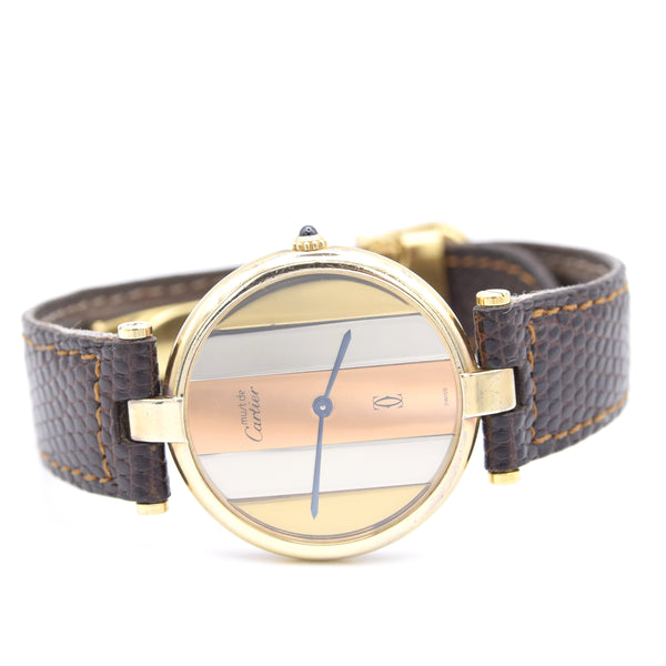 (Reserved)1990s Cartier 'Must de' Ronde Vendôme with tri-colour Dial in 925 Silver Gilt Vermeil Case with DP Buckle