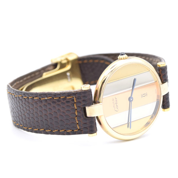 (Reserved)1990s Cartier 'Must de' Ronde Vendôme with tri-colour Dial in 925 Silver Gilt Vermeil Case with DP Buckle