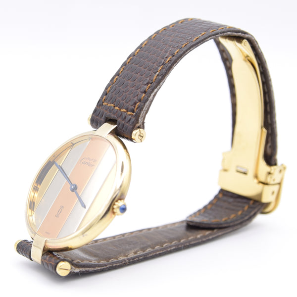 (Reserved)1990s Cartier 'Must de' Ronde Vendôme with tri-colour Dial in 925 Silver Gilt Vermeil Case with DP Buckle