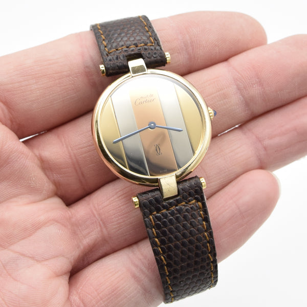 (Reserved)1990s Cartier 'Must de' Ronde Vendôme with tri-colour Dial in 925 Silver Gilt Vermeil Case with DP Buckle