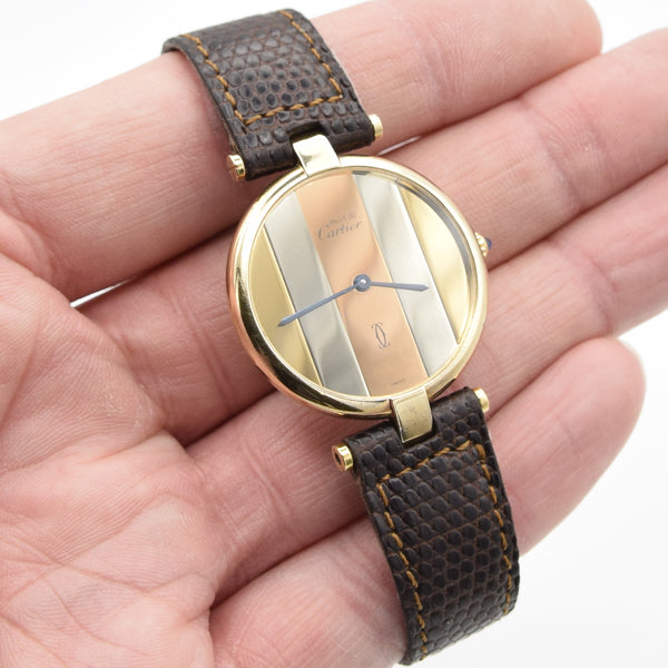 (Reserved)1990s Cartier 'Must de' Ronde Vendôme with tri-colour Dial in 925 Silver Gilt Vermeil Case with DP Buckle