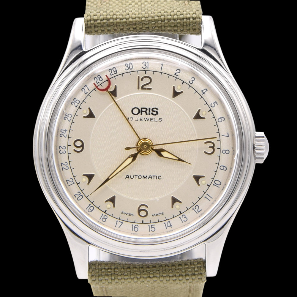 1990s Classic Oris Pointer Date Automatic in Stainless Steel Model 7403-40B with Box
