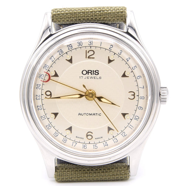 1990s Classic Oris Pointer Date Automatic in Stainless Steel Model 7403-40B with Box