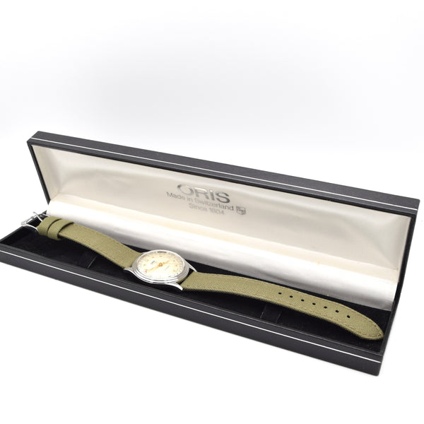 1990s Classic Oris Pointer Date Automatic in Stainless Steel Model 7403-40B with Box