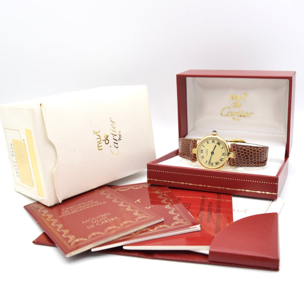 1993 Ladies Cartier 'Must de' Ronde Vendôme with Ivory Roman Numeral Dial in 925 Silver Gilt Box and papers