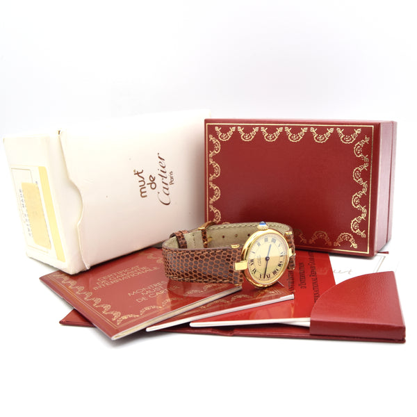 1993 Ladies Cartier 'Must de' Ronde Vendôme with Ivory Roman Numeral Dial in 925 Silver Gilt Box and papers