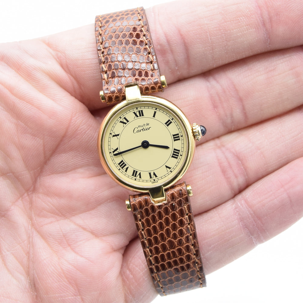 1993 Ladies Cartier 'Must de' Ronde Vendôme with Ivory Roman Numeral Dial in 925 Silver Gilt Box and papers