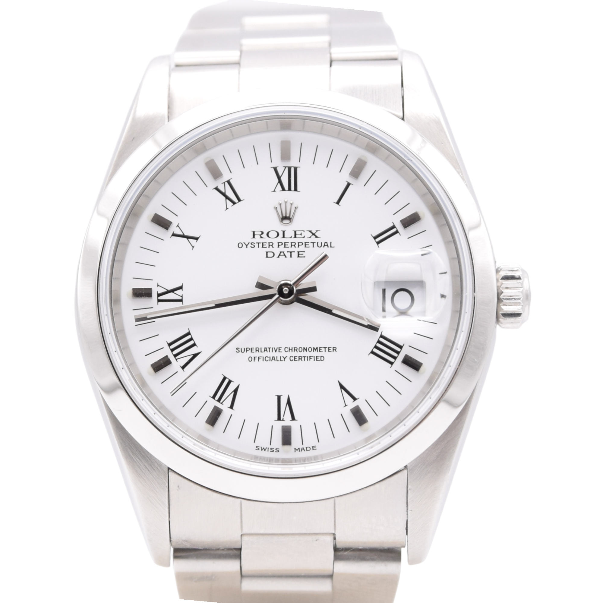 2000 Rolex Oyster Perpetual Date with white Roman Dial in Stainless Steel Model 15200 with Box and Papers Dated 1990