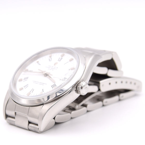 2000 Rolex Oyster Perpetual Date with white Roman Dial in Stainless Steel Model 15200 with Box and Papers Dated 1990