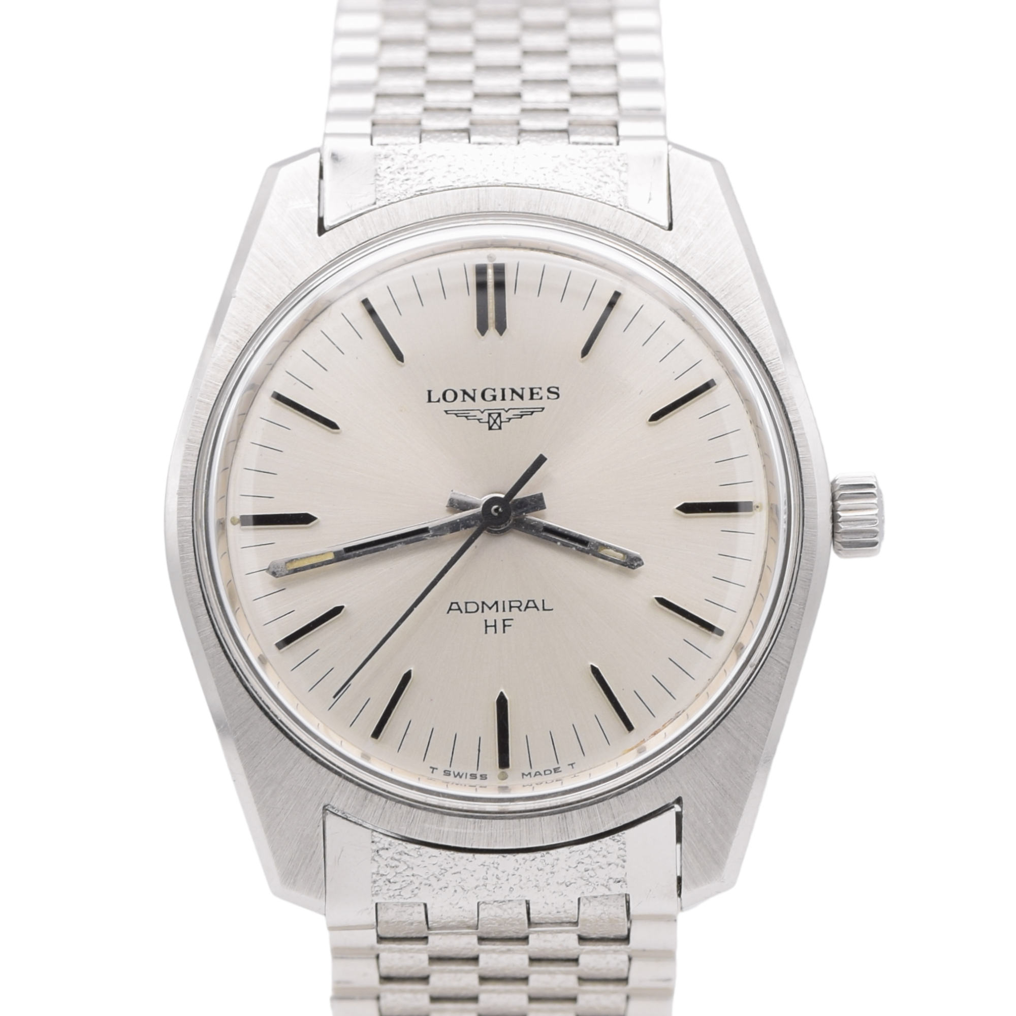 1973 circa Longines Admiral HF Ref. 2301 -1 steel vintage wristwatch on rare fitted NSA bracelet