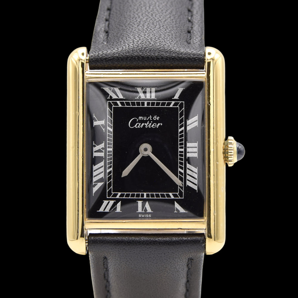 1983 Cartier Tank Mechanical Manual Wind with original black roman numeral Dial in 925 case with box and papers