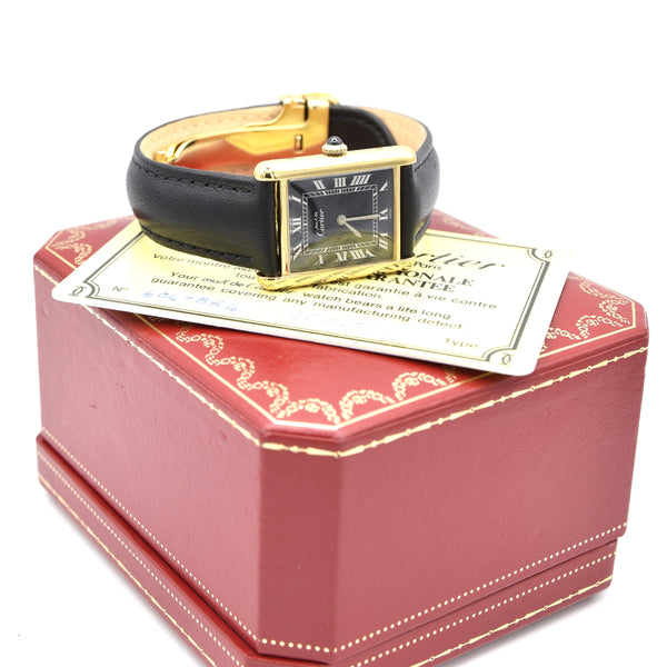 1983 Cartier Tank Mechanical Manual Wind with original black roman numeral Dial in 925 case with box and papers