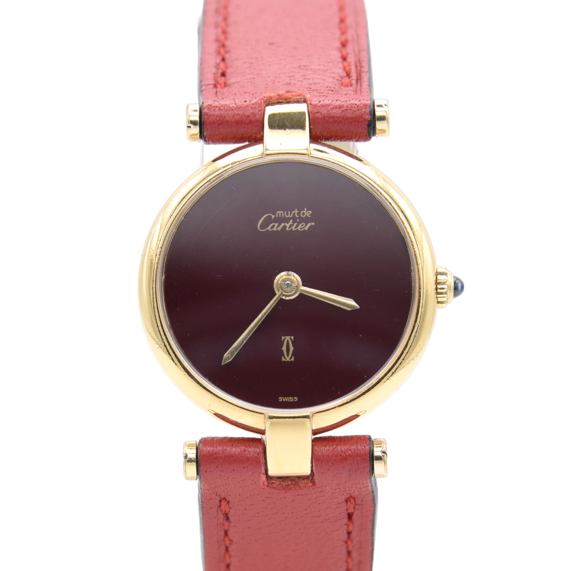 1990s Ladies Cartier 'Must de' Ronde with Burgundy Dial and Vendôme Lugs in 925 Sterling Silver Gilt Vermeil Case