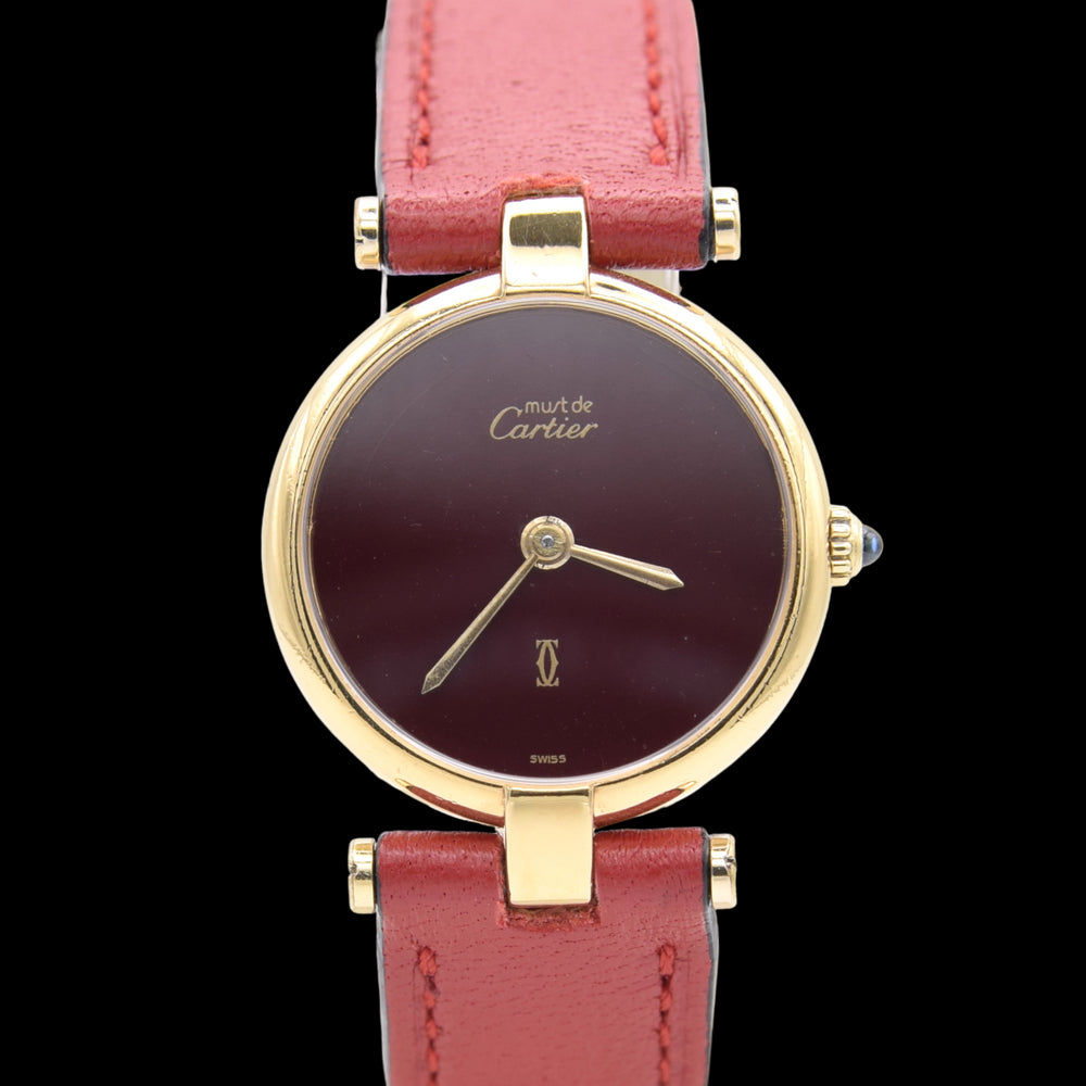 1990s Ladies Cartier 'Must de' Ronde with Burgundy Dial and Vendôme Lugs in 925 Sterling Silver Gilt Vermeil Case