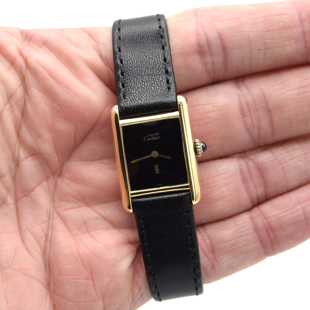 1970s Cartier Ladies Vintage Tank Mechanical Manual Wind watch  with Black Onyx-Type Dial