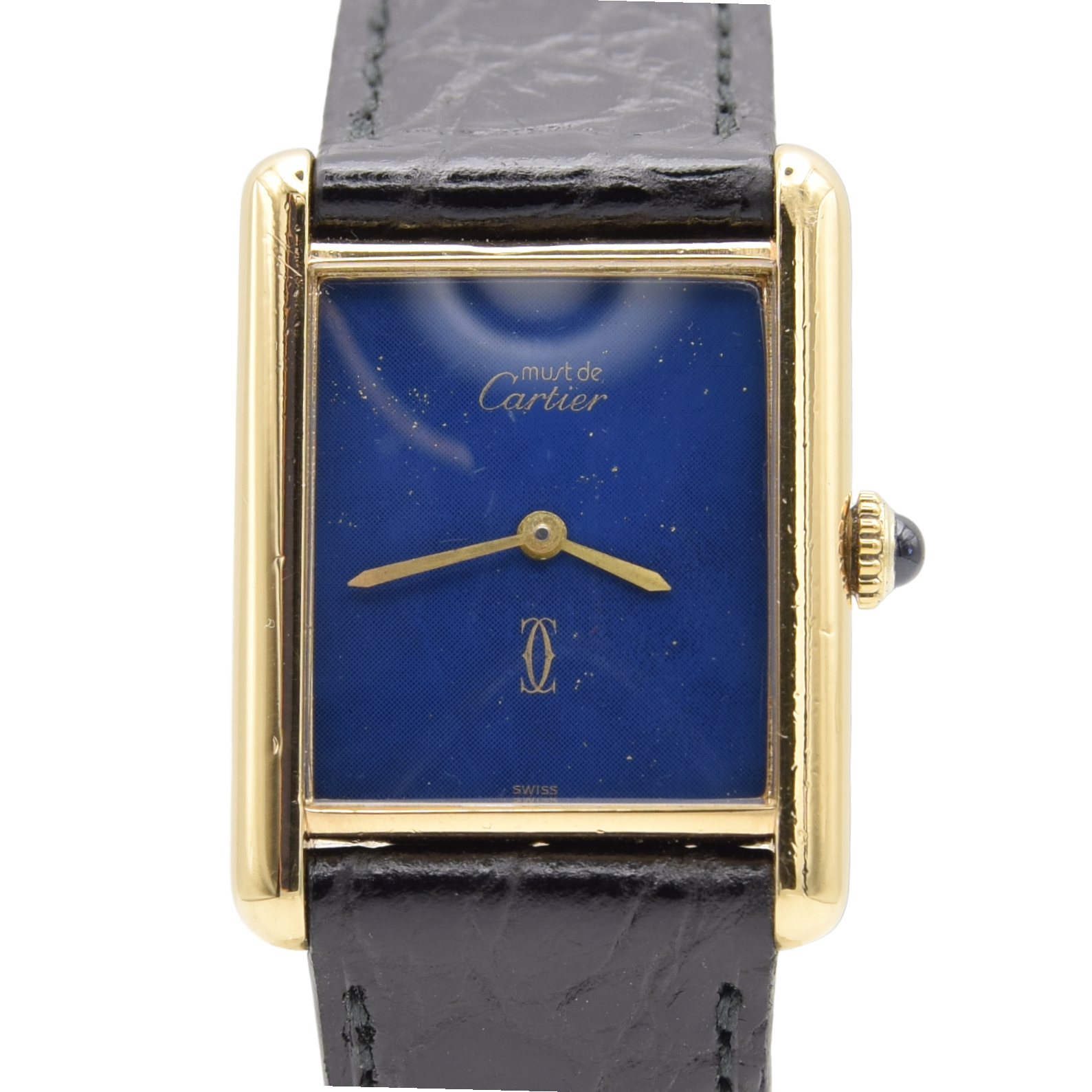 1970s Cartier Tank Mechanical Manual Wind with lapis lazuli type Dial in 925 case with box and papers
