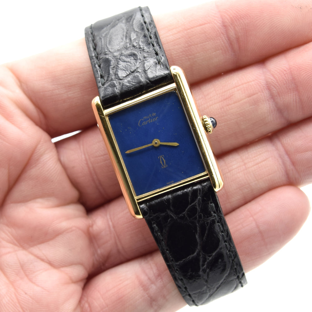 1970s Cartier Tank Mechanical Manual Wind with lapis lazuli type Dial in 925 case with box