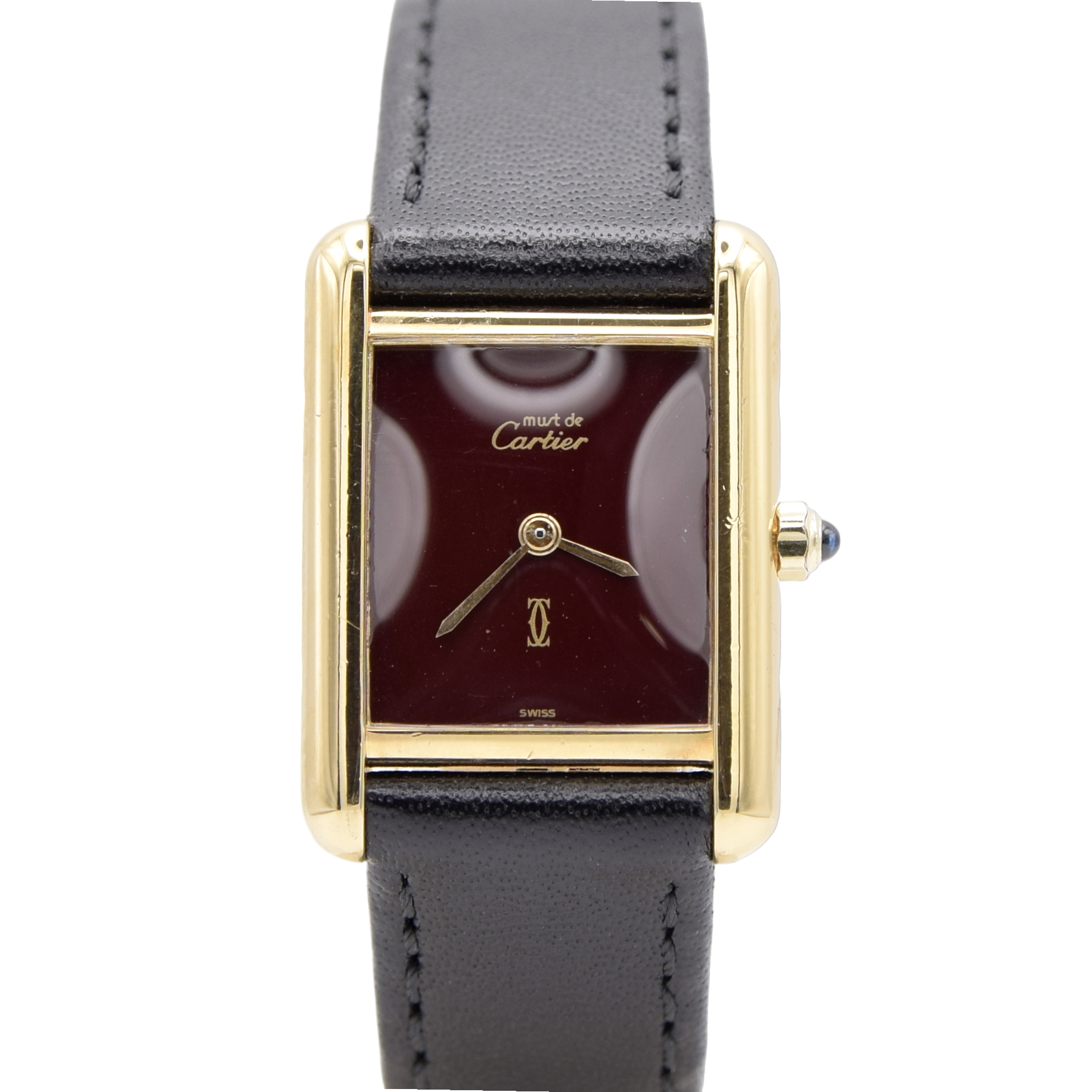 1986 Cartier Ladies Tank Swiss quartz with Rare Burgundy Red  Dial in 925 Sterling Silver Gilt Vermeil Case with Box and Papers