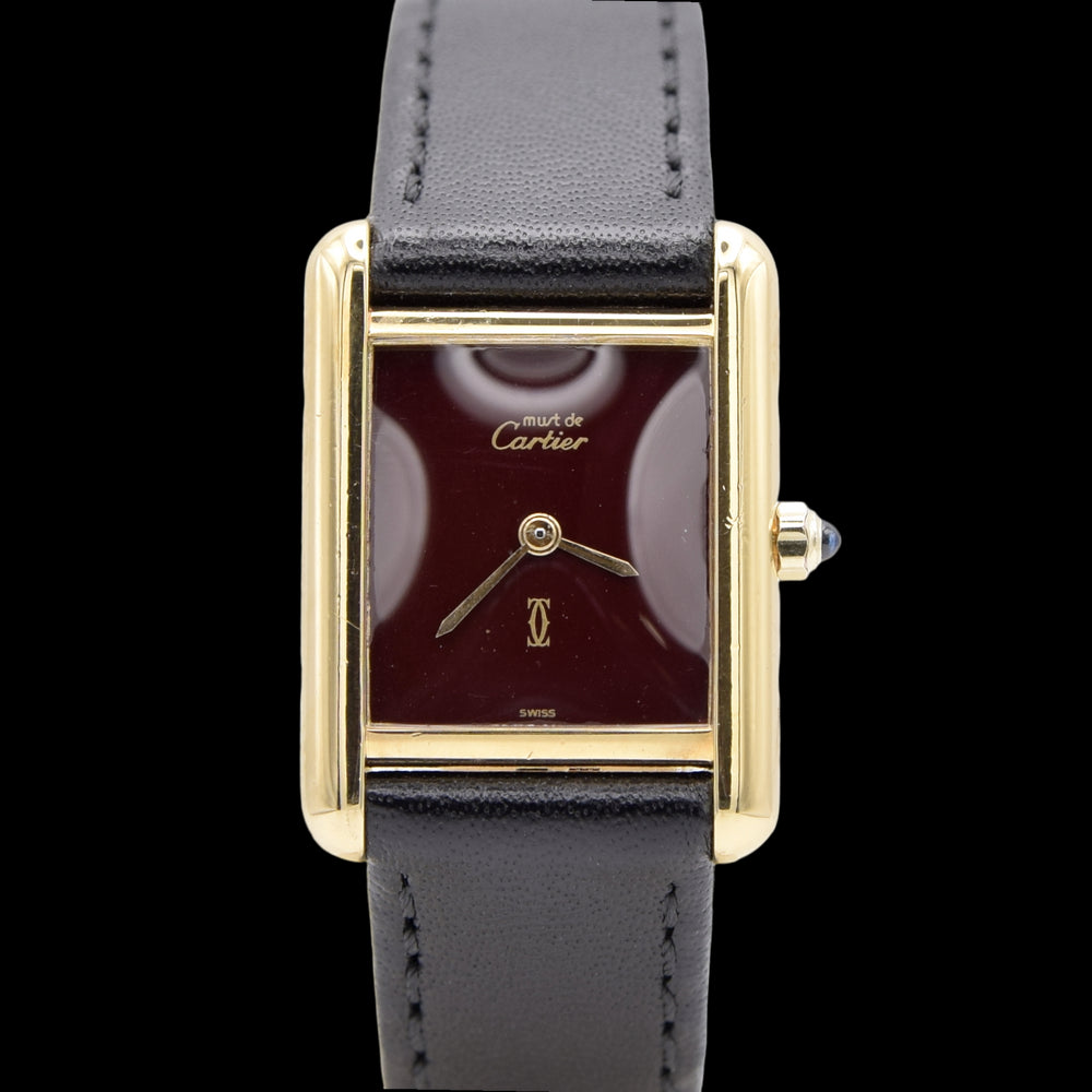 1986 Cartier Ladies Tank Swiss quartz with Rare Burgundy Red  Dial in 925 Sterling Silver Gilt Vermeil Case with Box and Papers