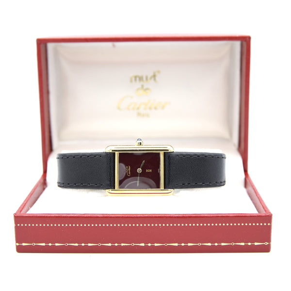 1986 Cartier Ladies Tank Swiss quartz with Rare Burgundy Red  Dial in 925 Sterling Silver Gilt Vermeil Case with Box and Papers