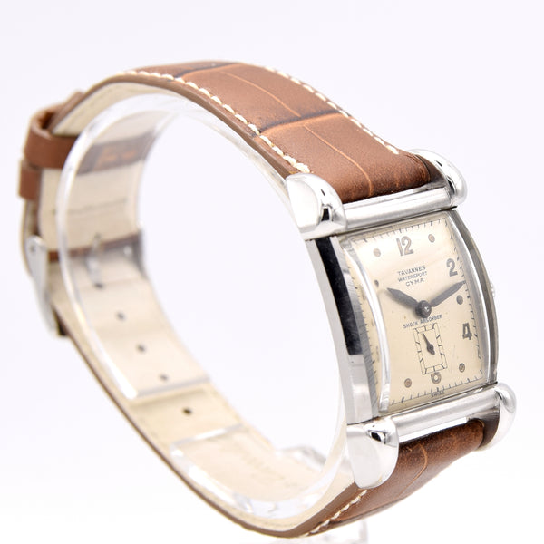 1940s Cyma - Tavannes Rectangular Early Waterproof Patent Wristwatch with fabulous claw lugs