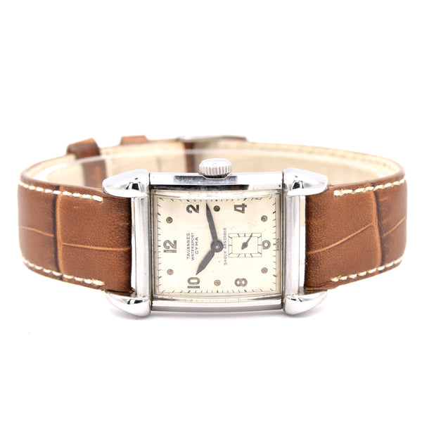 1940s Cyma - Tavannes Rectangular Early Waterproof Patent Wristwatch with fabulous claw lugs