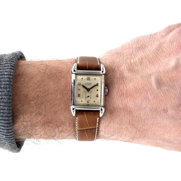 1940s Cyma - Tavannes Rectangular Early Waterproof Patent Wristwatch with fabulous claw lugs