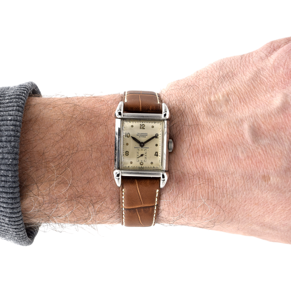 1940s Cyma - Tavannes Rectangular Early Waterproof Patent Wristwatch with fabulous claw lugs