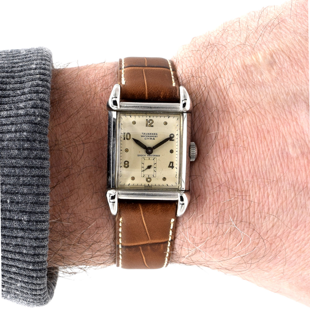 1940s Cyma - Tavannes Rectangular Early Waterproof Patent Wristwatch with fabulous claw lugs