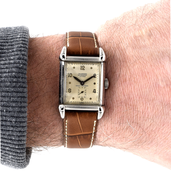 1940s Cyma - Tavannes Rectangular Early Waterproof Patent Wristwatch with fabulous claw lugs