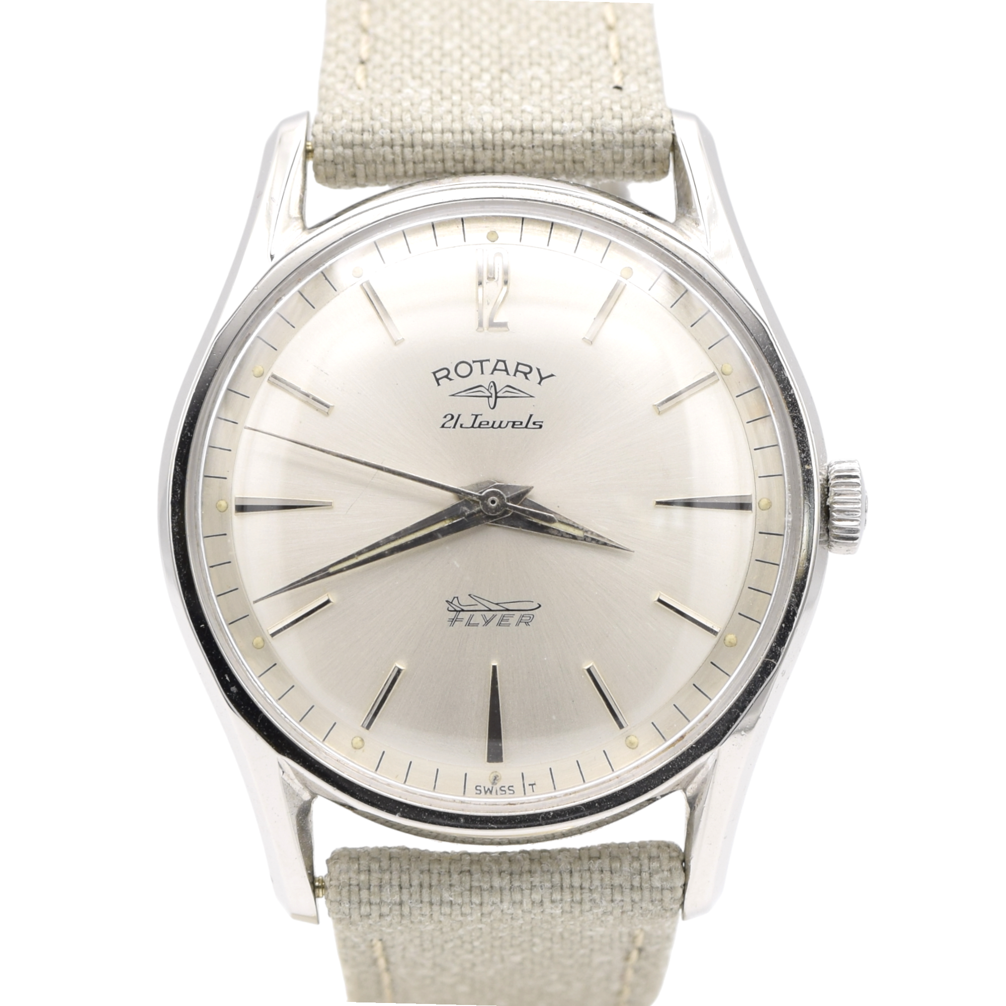 1960s classic Rotary Flyer Wristwatch 21 Jewels in steel with satin silver dial + Box