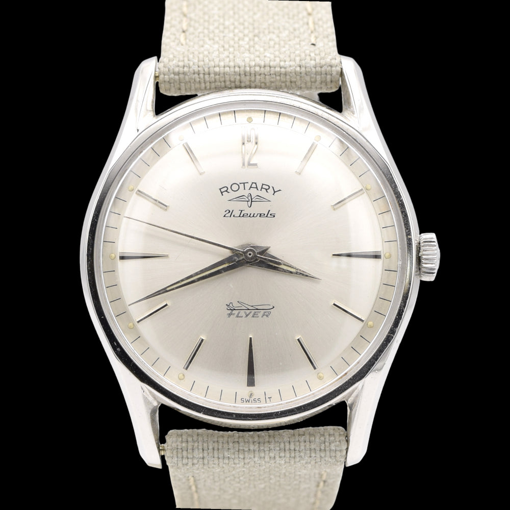 1960s classic Rotary Flyer Wristwatch 21 Jewels in steel with satin silver dial + Box