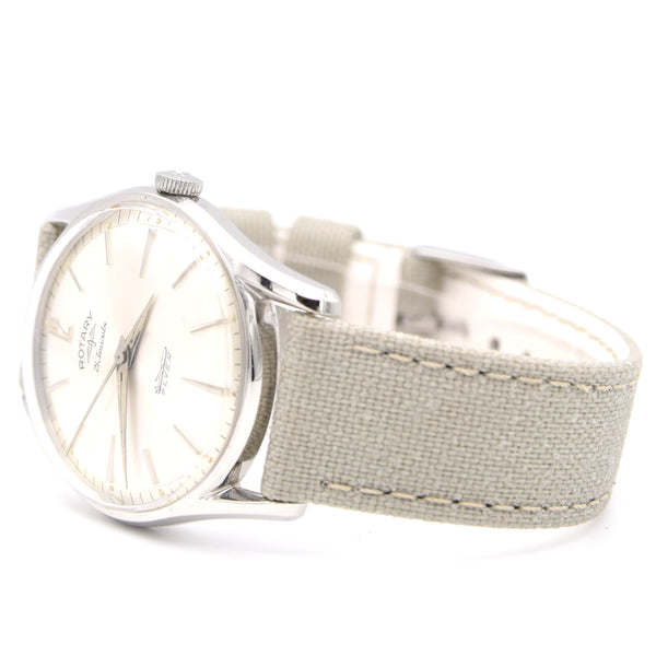 1960s classic Rotary Flyer Wristwatch 21 Jewels in steel with satin silver dial + Box