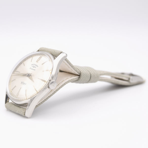 1960s classic Rotary Flyer Wristwatch 21 Jewels in steel with satin silver dial + Box