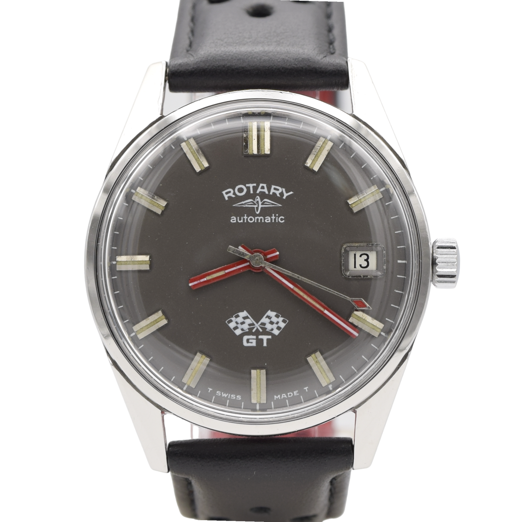 1960s Rotary GT automatic date Wristwatch with graphite colour dial + Box & Buckle