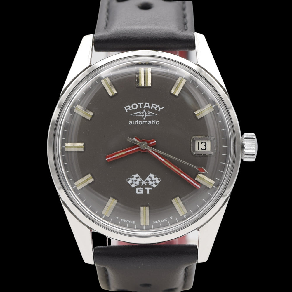 1960s Rotary GT automatic date Wristwatch with graphite colour dial + Box & Buckle