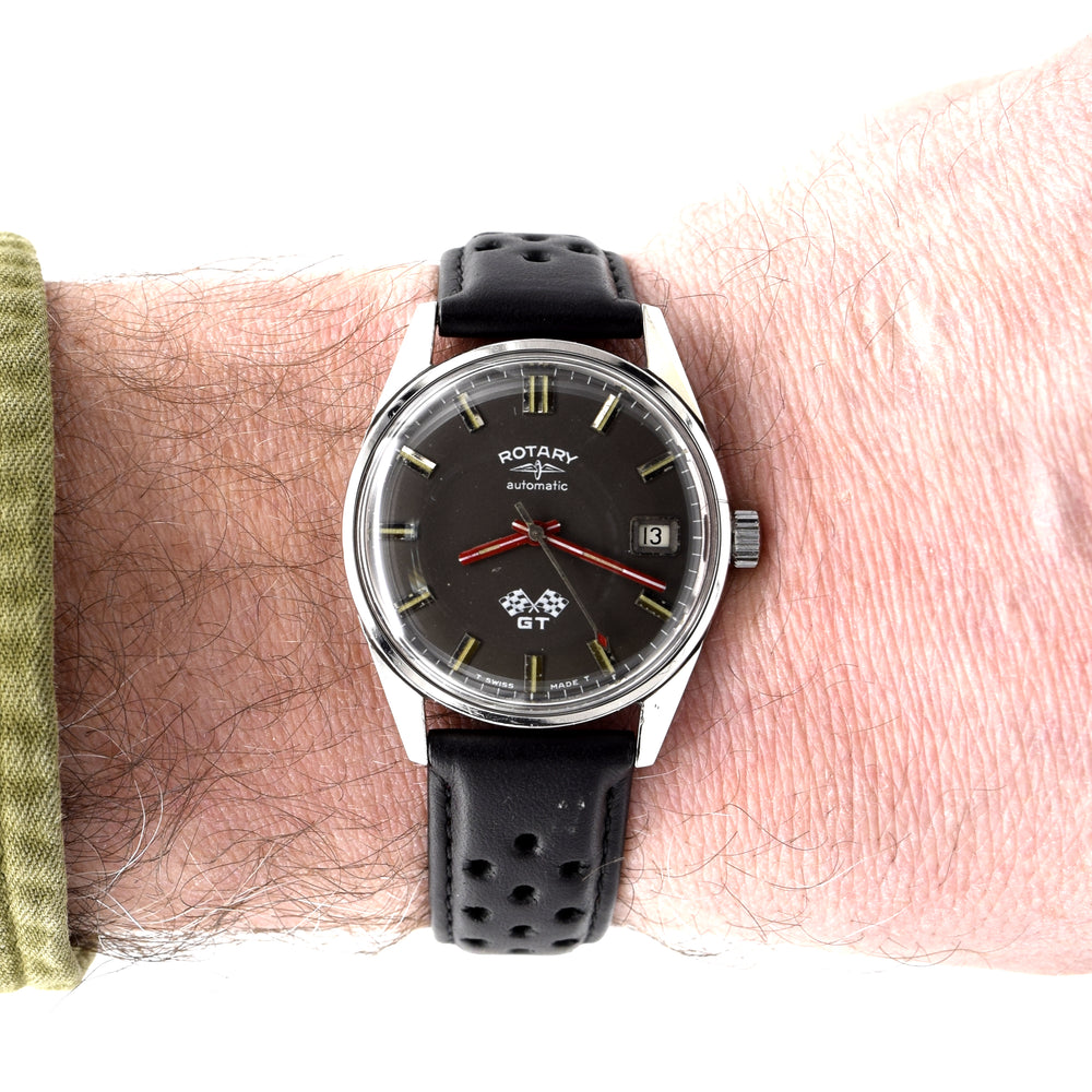 1960s Rotary GT automatic date Wristwatch with graphite colour dial + Box & Buckle