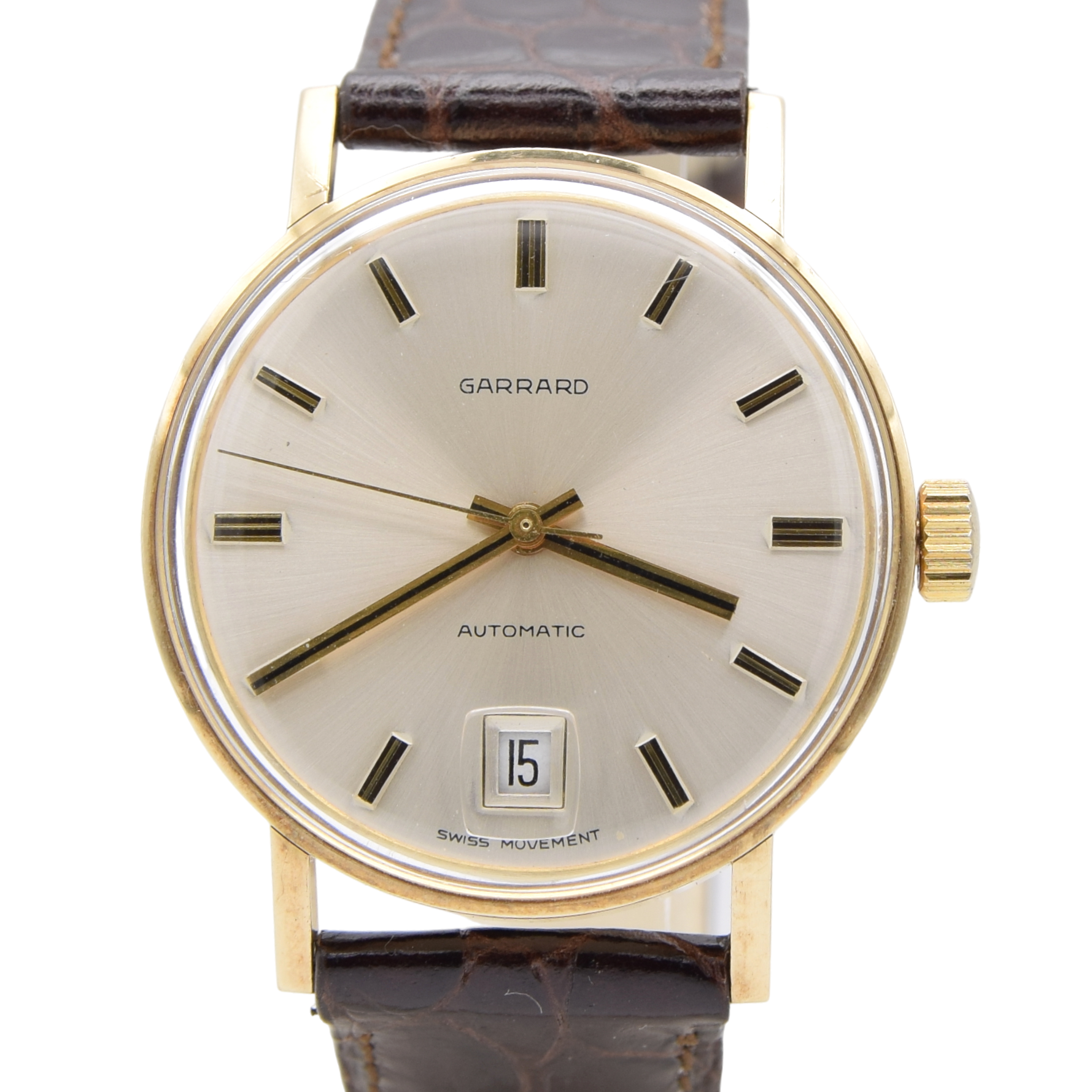 1976 Garrard Automatic Date Wristwatch in solid 9ct Gold with Original Box and papers