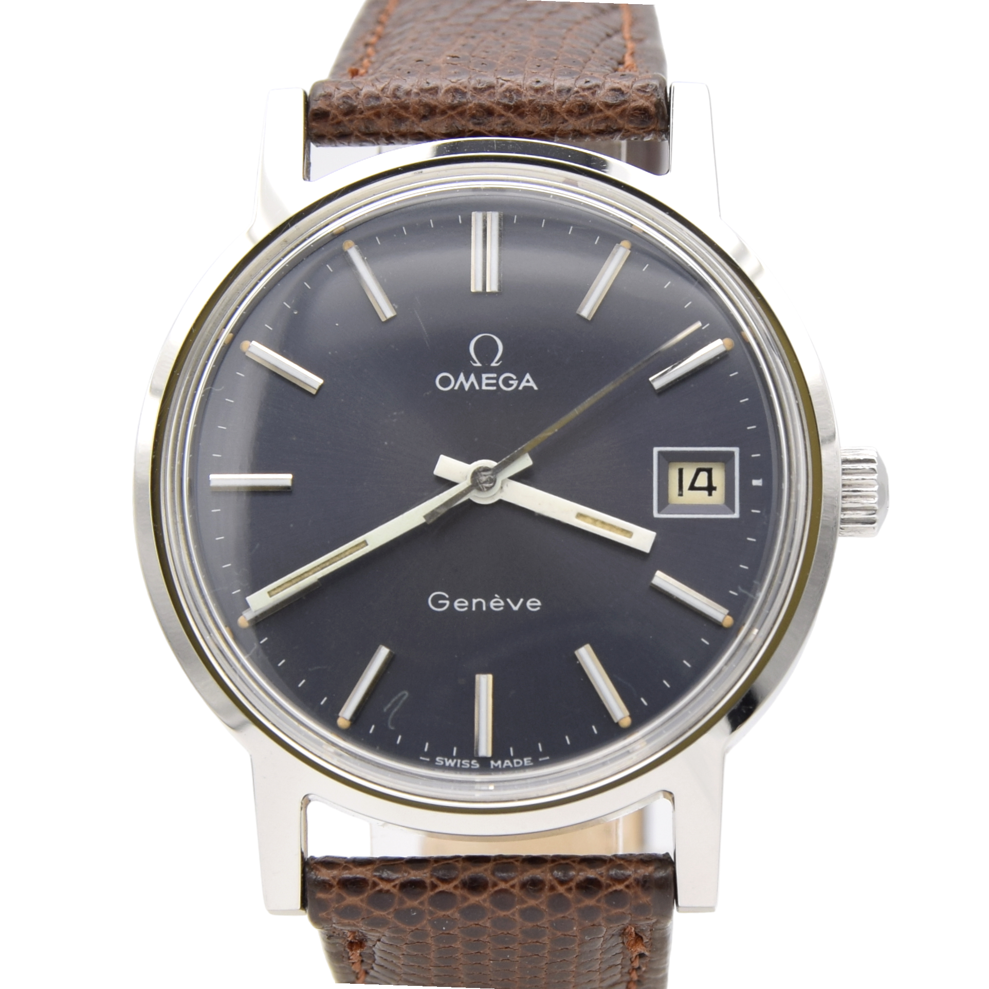 1974 Omega Genève Date Classic Wristwatch with deep seam blue dial Manual Wind Model 136.009 in steel